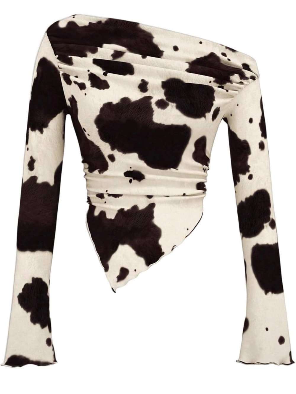 Cow Print Off-Shoulder Long Sleeve Top - Black & White